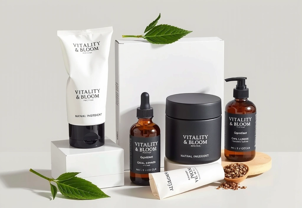 A beautifully arranged display of Vitalityandbloomlife's first product line, showcasing natural ingredients and elegant packaging. Bright, clean aesthetic. No text.