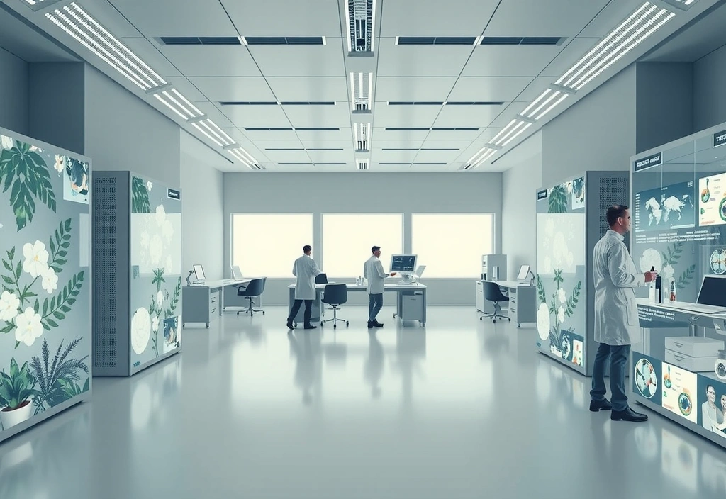 Futuristic laboratory setting with botanical elements, symbolizing ongoing research and future innovations at Vitalityandbloomlife. Clean, high-tech aesthetic. No text.