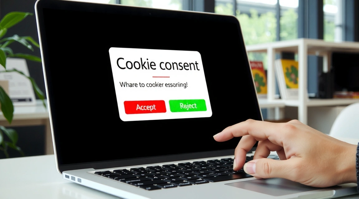 A user's hand interacting with a cookie consent banner on a laptop screen, with options to accept or reject cookies.