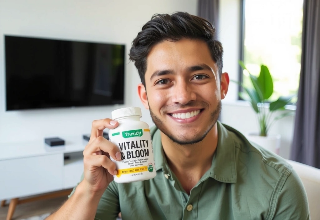A confident man smiling, holding a Vitalityandbloomlife supplement bottle, representing trust and quality.